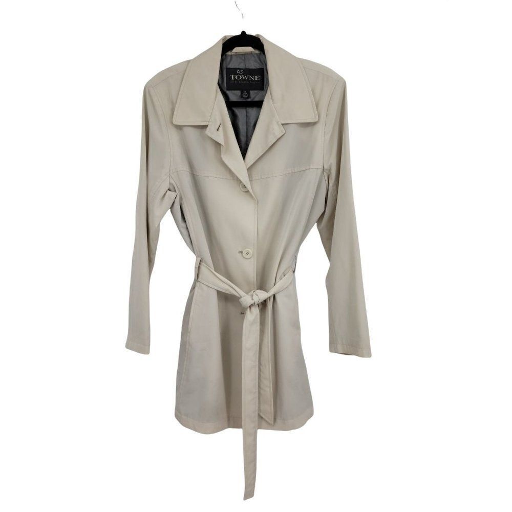 Towne London Fog Lightweight Knee Length Belted Trench Coat Raincoat Cream Sz M‎